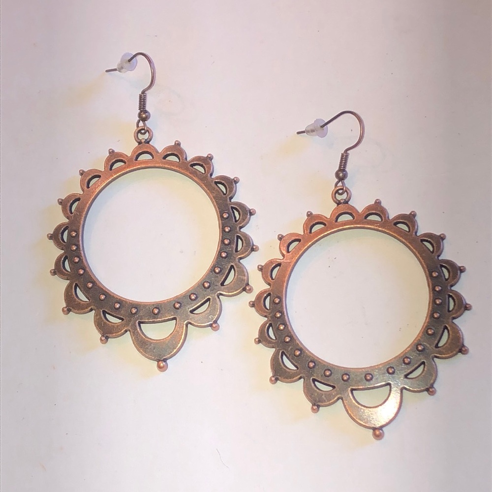 Delicate Filigree Circle Drop Earrings - Copper Tone